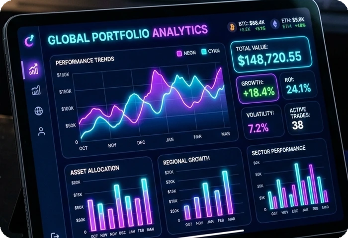 High-Tech Dark Analytics Dashboard on Tablet